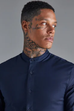 Long Sleeve Grandad Collar Stretch Shirt | BoohooMAN UK