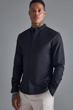 Long Sleeve Grandad Collar Slim Shirt | BoohooMAN UK