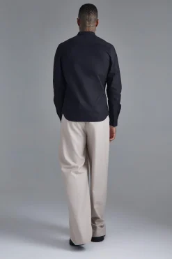 Long Sleeve Grandad Collar Slim Shirt | BoohooMAN UK