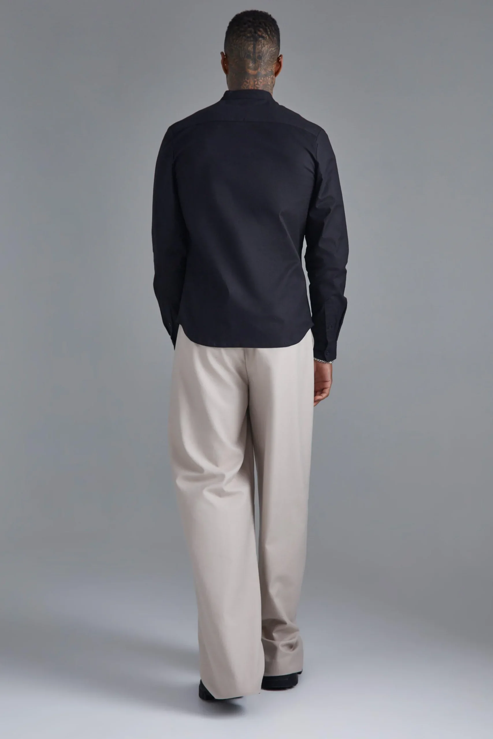 Long Sleeve Grandad Collar Slim Shirt | BoohooMAN UK