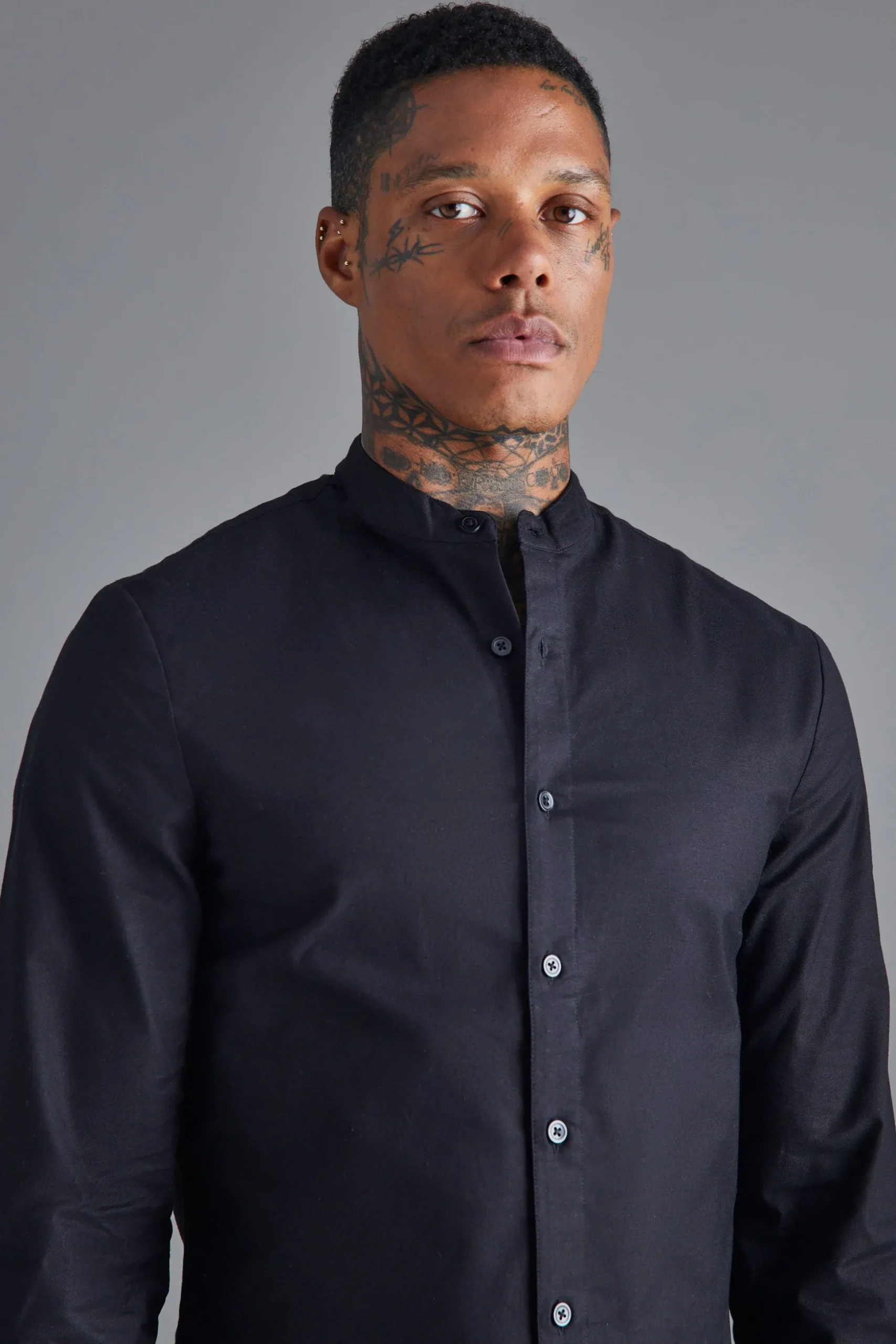 Long Sleeve Grandad Collar Slim Shirt | BoohooMAN UK