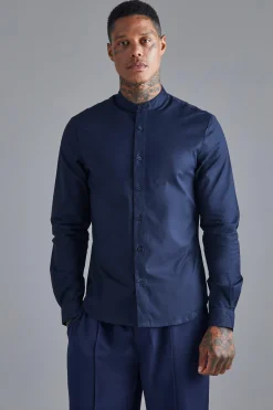 Long Sleeve Grandad Collar Slim Shirt | BoohooMAN UK
