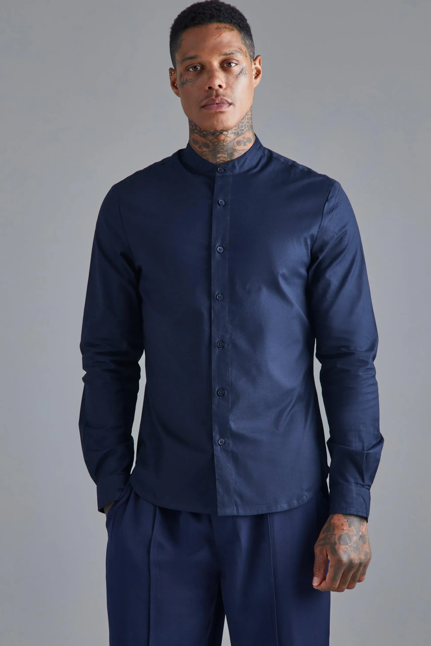 Long Sleeve Grandad Collar Slim Shirt | BoohooMAN UK