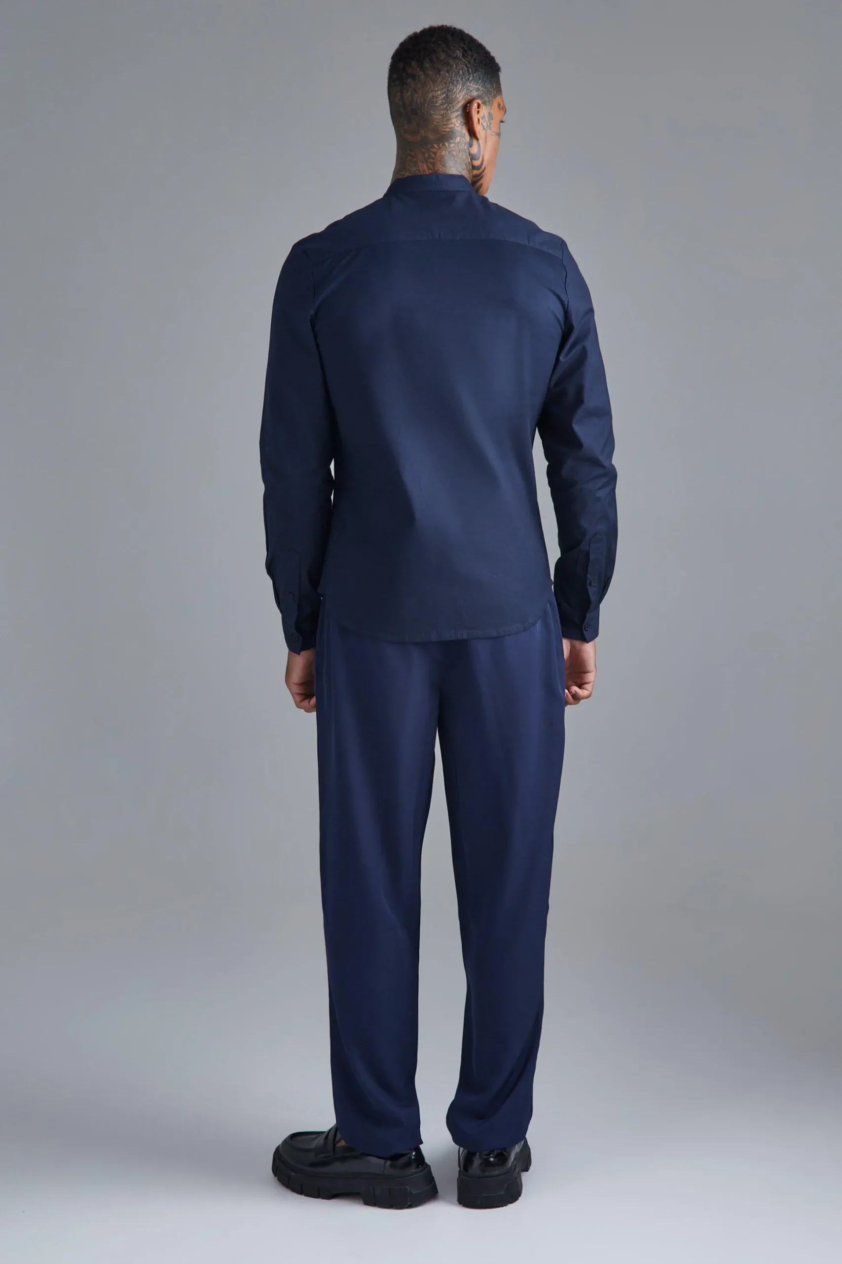 Long Sleeve Grandad Collar Slim Shirt | BoohooMAN UK