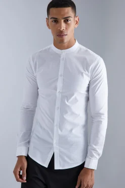 Long Sleeve Grandad Collar Stretch Fit Shirt | BoohooMAN UK
