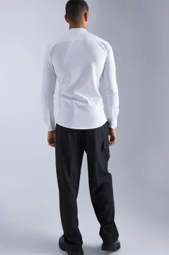 Long Sleeve Grandad Collar Stretch Fit Shirt | BoohooMAN UK