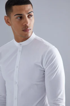 Long Sleeve Grandad Collar Stretch Fit Shirt | BoohooMAN UK