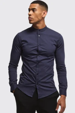 Long Sleeve Grandad Collar Stretch Shirt | BoohooMAN UK