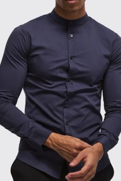 Long Sleeve Grandad Collar Stretch Shirt | BoohooMAN UK