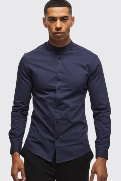 Long Sleeve Grandad Collar Slim Shirt | BoohooMAN UK