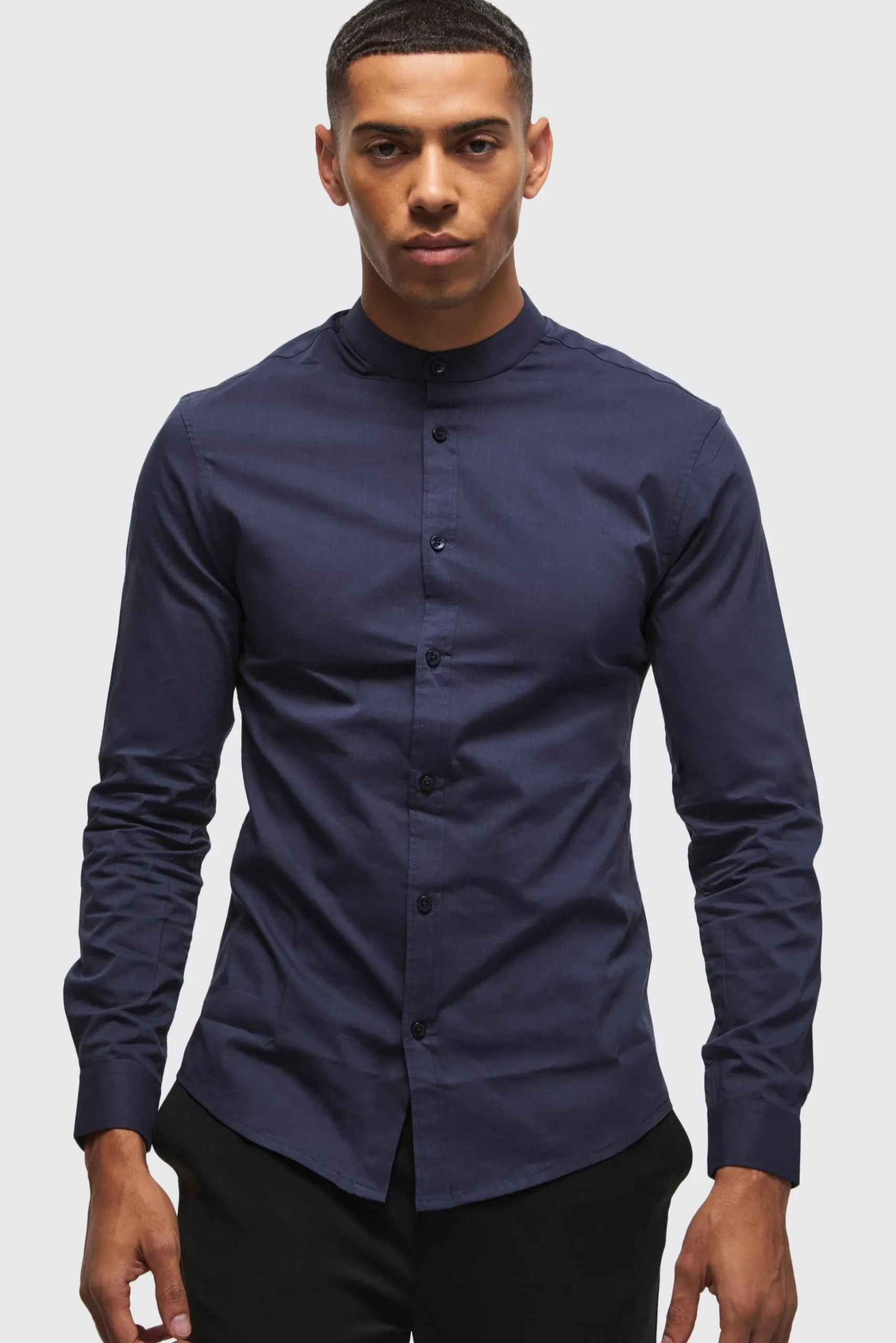 Long Sleeve Grandad Collar Slim Shirt | BoohooMAN UK