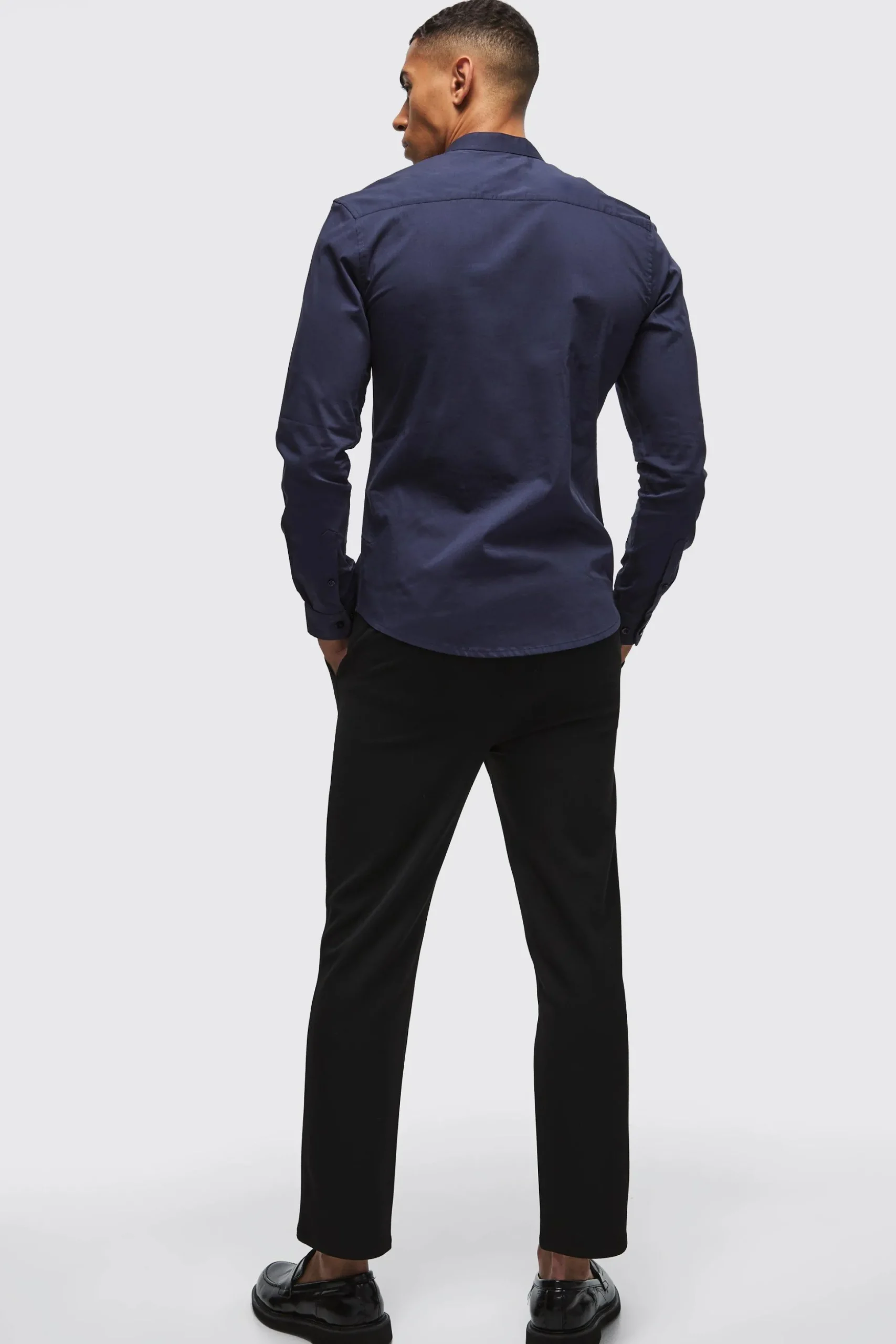 Long Sleeve Grandad Collar Slim Shirt | BoohooMAN UK