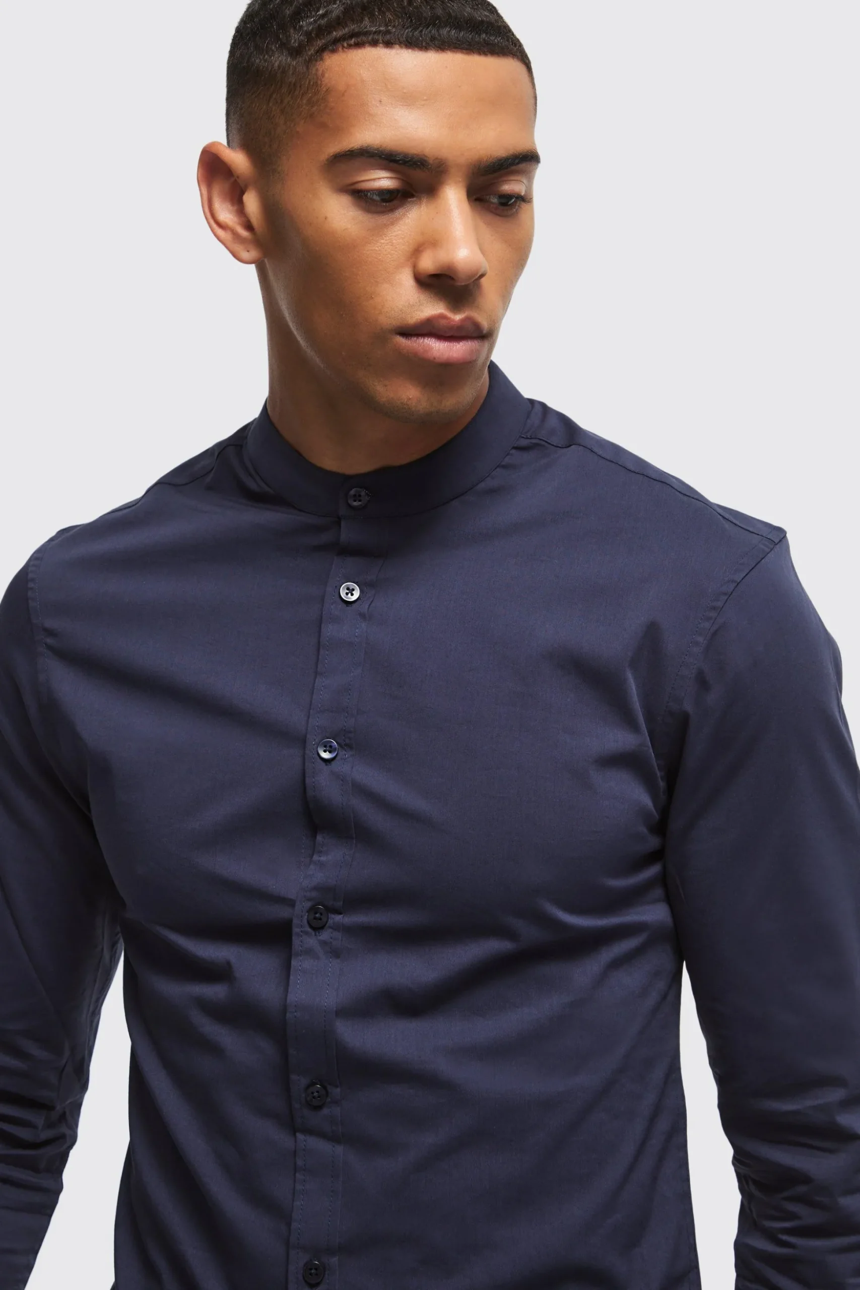 Long Sleeve Grandad Collar Slim Shirt | BoohooMAN UK