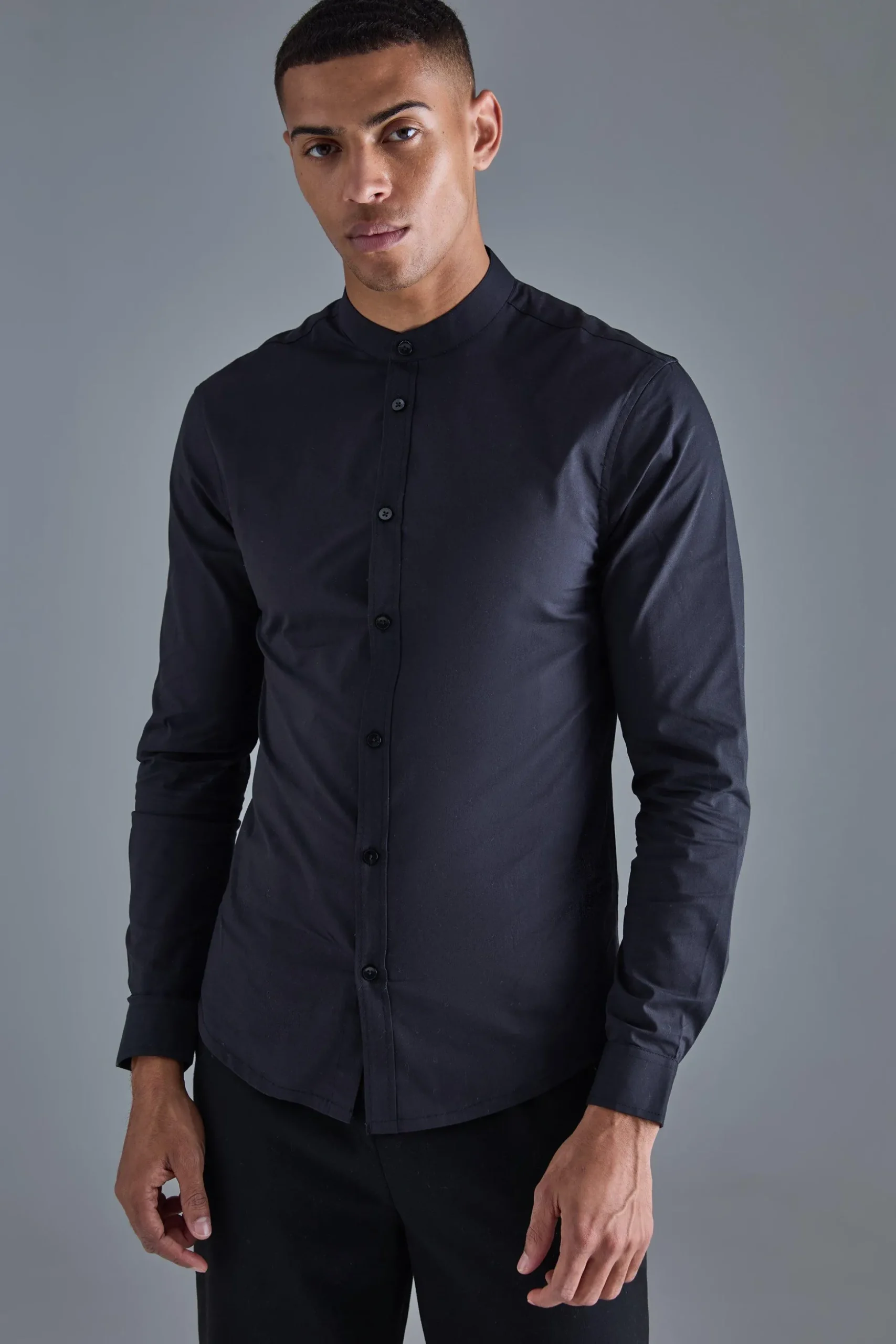 Long Sleeve Grandad Collar Slim Shirt | BoohooMAN UK