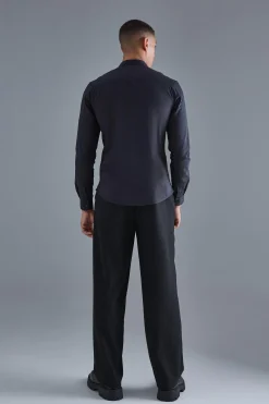 Long Sleeve Grandad Collar Slim Shirt | BoohooMAN UK