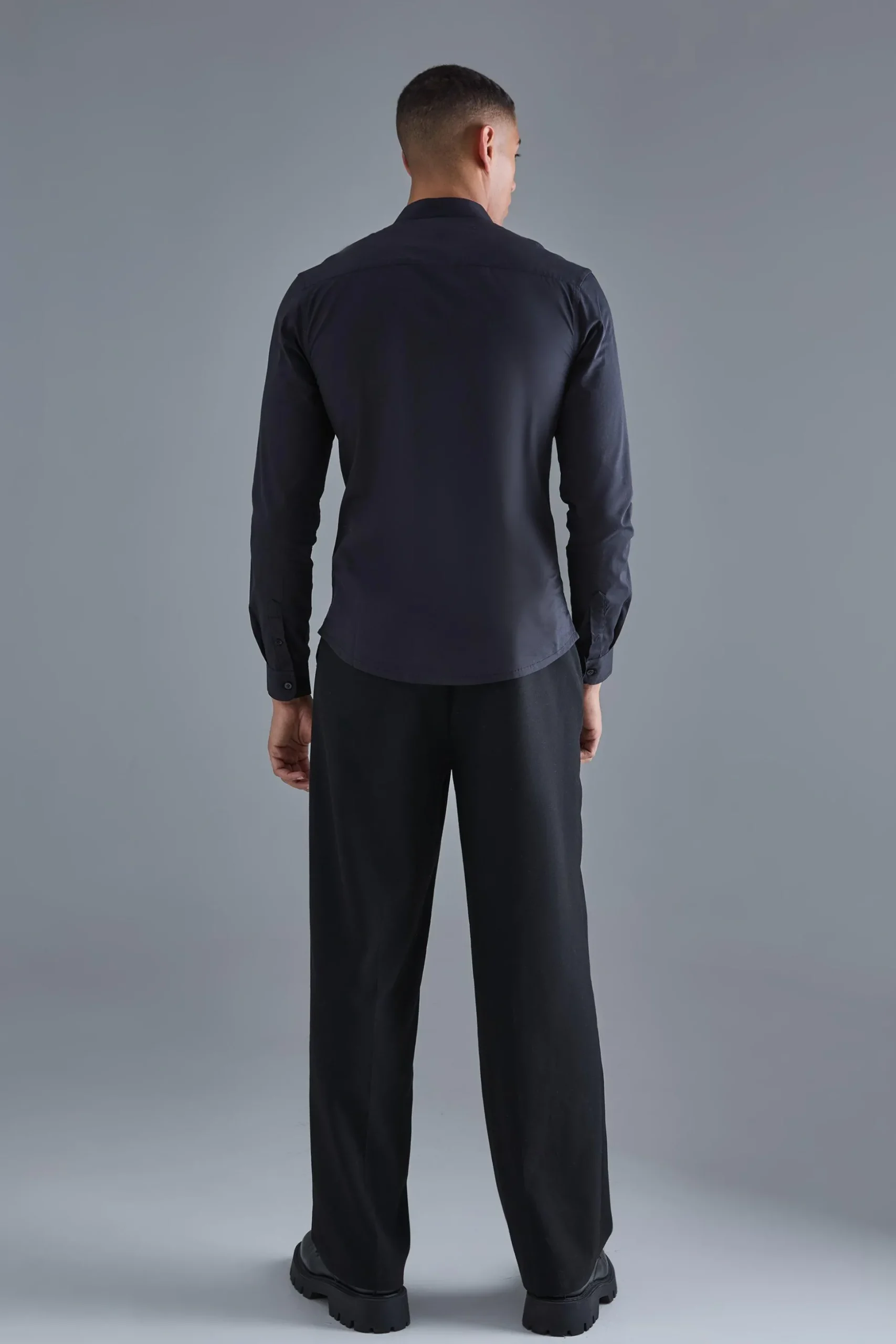 Long Sleeve Grandad Collar Slim Shirt | BoohooMAN UK