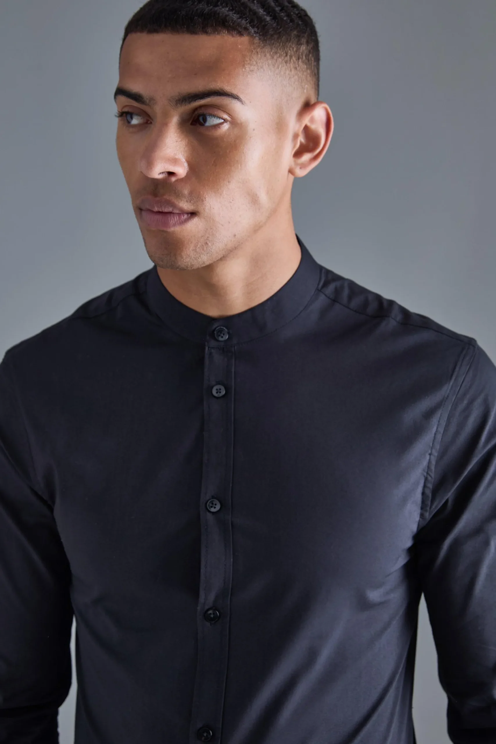 Long Sleeve Grandad Collar Slim Shirt | BoohooMAN UK