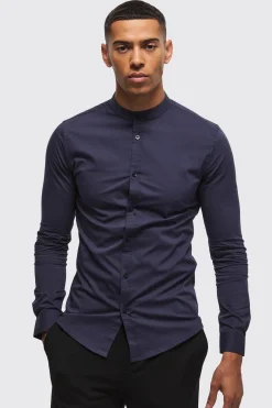 Long Sleeve Grandad Collar Stretch Shirt | BoohooMAN UK