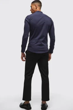 Long Sleeve Grandad Collar Stretch Shirt | BoohooMAN UK
