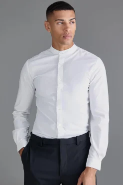 Long Sleeve Grandad Collar Slim Shirt | BoohooMAN UK