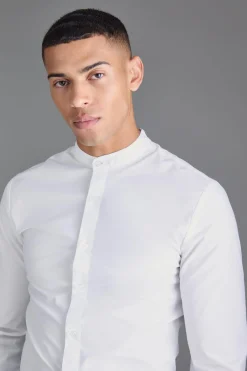 Long Sleeve Grandad Collar Slim Shirt | BoohooMAN UK