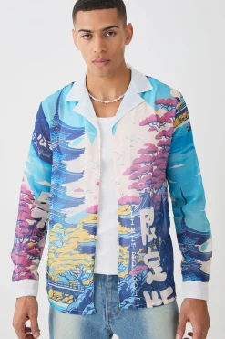 Long Sleeve Landscape Sheer Shirt | BoohooMAN UK