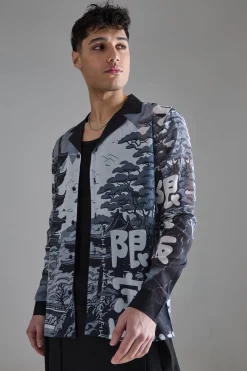 Long Sleeve Landscape Sheer Shirt | BoohooMAN UK
