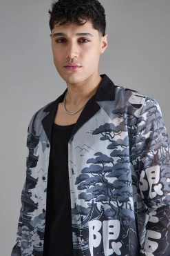 Long Sleeve Landscape Sheer Shirt | BoohooMAN UK