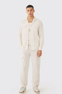 Long Sleeve Linen Cargo Shirt & Trouser | BoohooMAN UK
