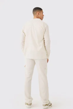 Long Sleeve Linen Cargo Shirt & Trouser | BoohooMAN UK