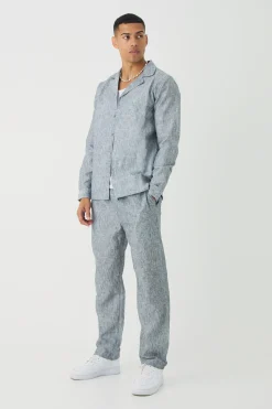 Long Sleeve Linen Look Revere Shirt & Straight Trouser Set | BoohooMAN UK