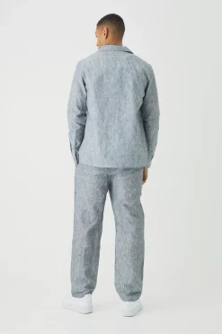 Long Sleeve Linen Look Revere Shirt & Straight Trouser Set | BoohooMAN UK