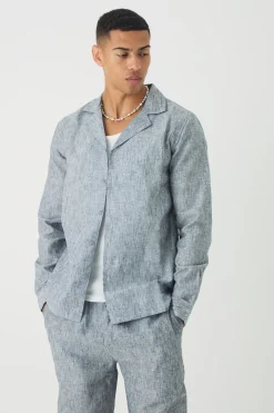 Long Sleeve Linen Look Revere Shirt & Straight Trouser Set | BoohooMAN UK