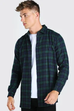 Long Sleeve Longline Flannel Check Shirt | BoohooMAN UK
