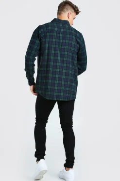 Long Sleeve Longline Flannel Check Shirt | BoohooMAN UK