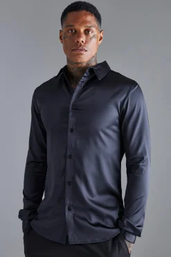 Long Sleeve Muscle Satin Shirt | BoohooMAN UK