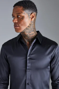 Long Sleeve Muscle Satin Shirt | BoohooMAN UK