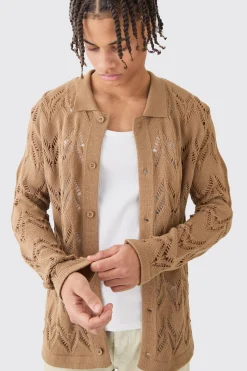 Long Sleeve Open Knit Shirt In Tan | BoohooMAN UK