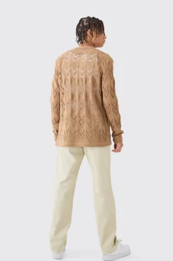 Long Sleeve Open Knit Shirt In Tan | BoohooMAN UK