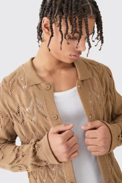 Long Sleeve Open Knit Shirt In Tan | BoohooMAN UK