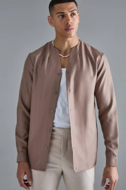 Long Sleeve Open Neck Soft Twill Shirt | BoohooMAN UK