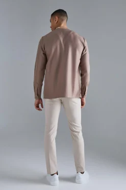 Long Sleeve Open Neck Soft Twill Shirt | BoohooMAN UK