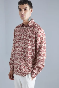 Long Sleeve Oversized Aztec Detail Shirt | BoohooMAN UK