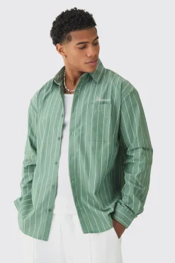 Long Sleeve Oversized Embroidered Stripe Shirt | BoohooMAN UK