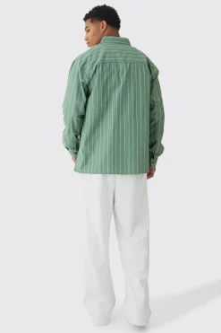 Long Sleeve Oversized Embroidered Stripe Shirt | BoohooMAN UK