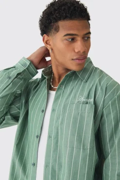 Long Sleeve Oversized Embroidered Stripe Shirt | BoohooMAN UK