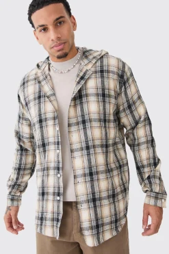 Long Sleeve Oversized Hooded Button Through Check Shirt | BoohooMAN UK