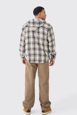 Long Sleeve Oversized Hooded Button Through Check Shirt | BoohooMAN UK