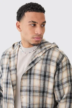 Long Sleeve Oversized Hooded Button Through Check Shirt | BoohooMAN UK