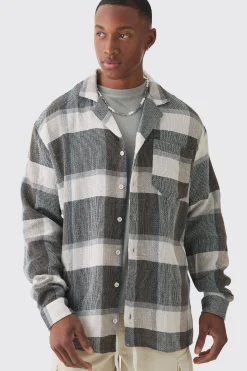 Long Sleeve Oversized Textured Check Shirt | BoohooMAN UK